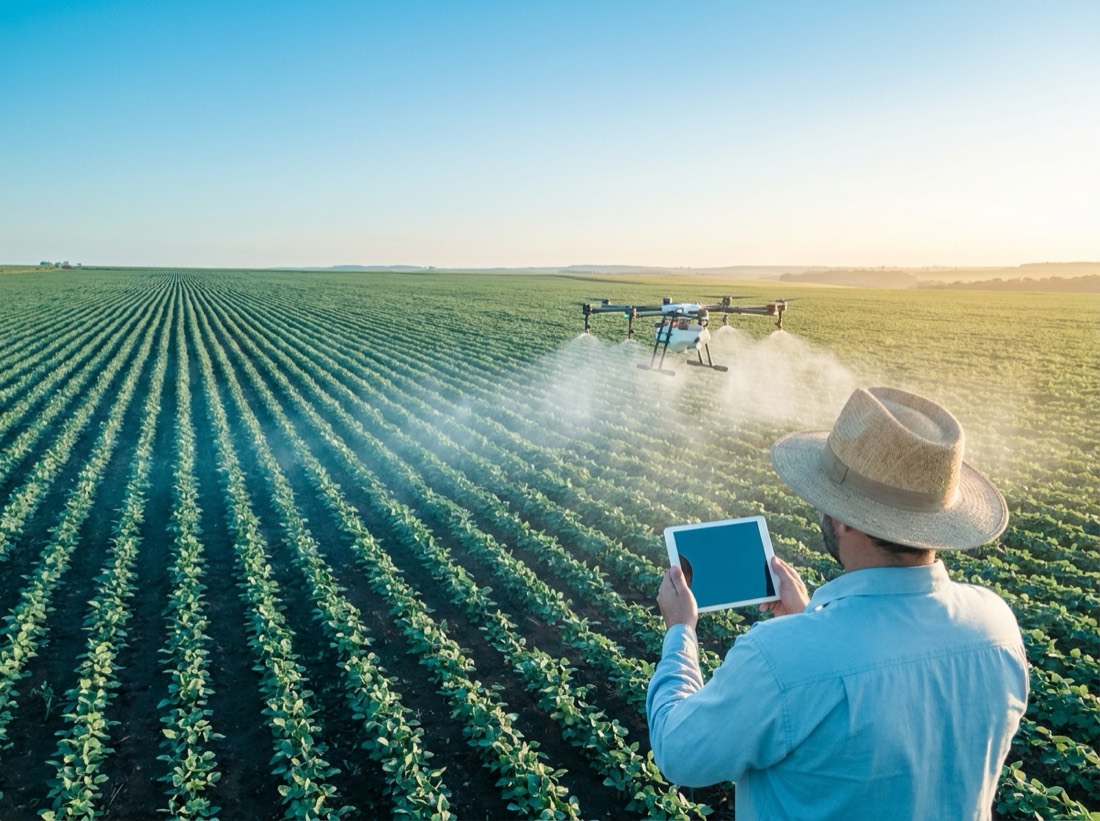 Lavoura ao entardecer com drone agrícola sobrevoando as fileiras