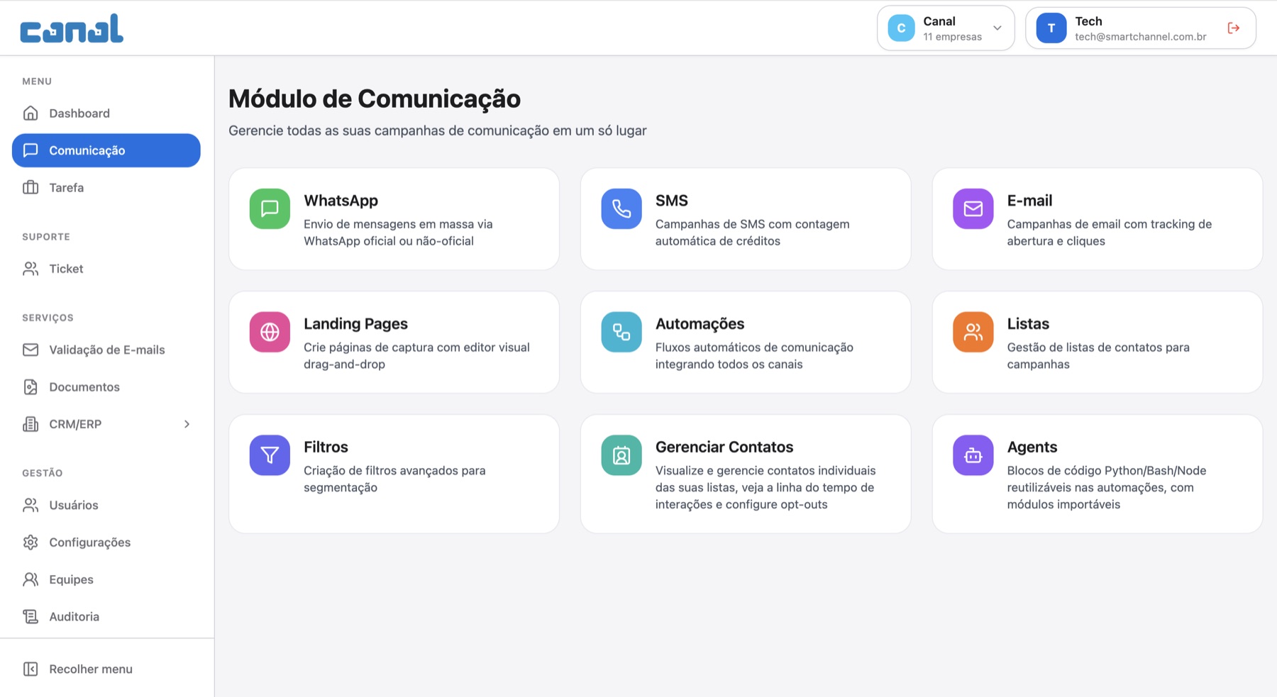 Tela do módulo de comunicação com os canais WhatsApp, SMS, e-mail, landing pages, automações, listas, filtros, contatos e agents